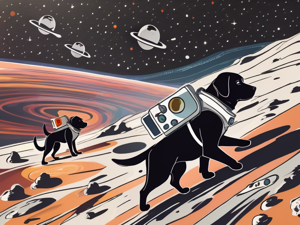 Prompt: abstract style art of black dogs in space in astronaut outfits