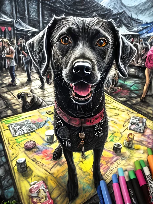 Prompt: Detailed mountain cur all black dog at a renaissance fair, festival, pop art chalk pastel, grunge, highres, abstract, natural lighting, lively atmosphere, fun, vibrant, happy-go-lucky, detailed dogs, detailed eyes, detailed fur, festive, flying, post-apocalyptic, Japan, chalk pastel, detailed background, grunge style, abstract art, high quality, natural lighting