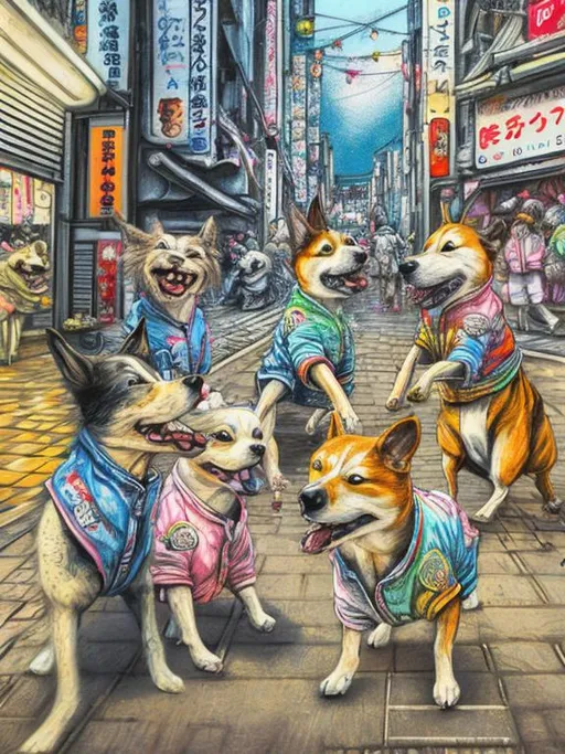 Prompt: pop art chalk pastel art of detailed dogs wearing clothes playing in the streets in japan during a festival, sketch, detailed background, highres, fun atmosphere, natural lighting,  abstract, fun