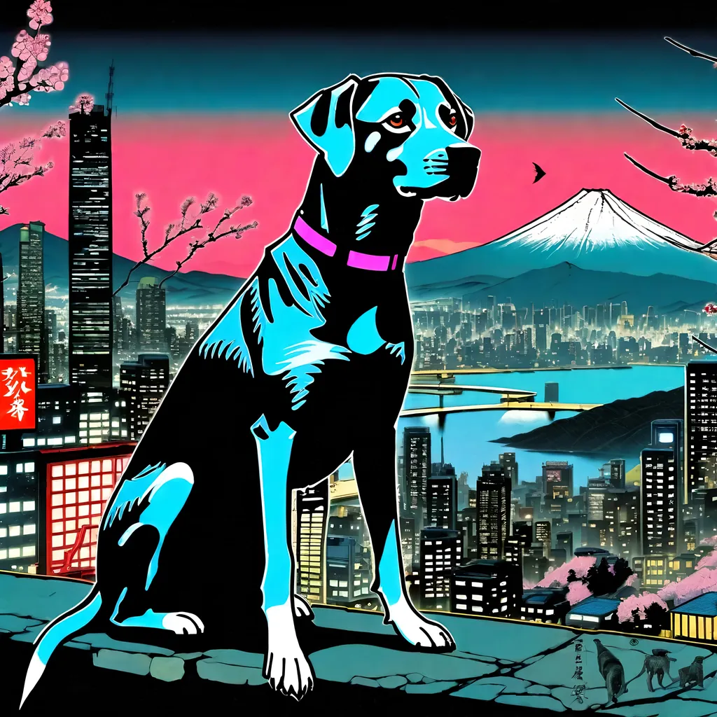 Prompt: black mountain cur dogs in cyberpunk hiroshige