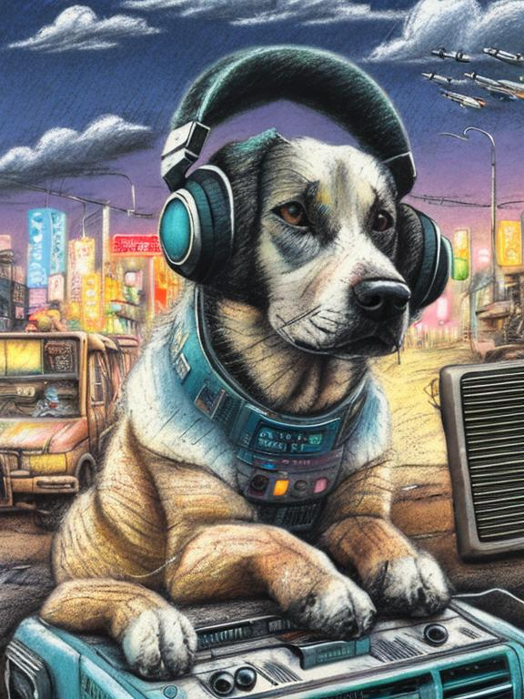 Prompt: chalk pastel art of a detailed dog listening to music on a tape player on the streets in post-apocalyptic Japan during a festival with planes in the background, sketch, detailed background, highres, fun atmosphere, natural lighting,  abstract, fun