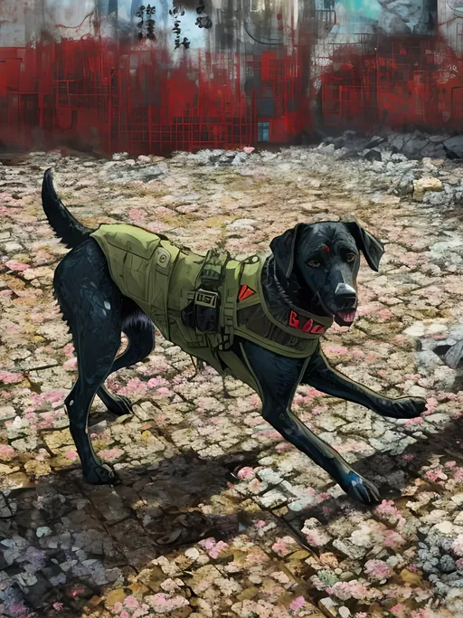 Prompt: a detailed mountain cur black dog in cyberpunk japan, pop art chalk pastel, detailed background, high res, fun