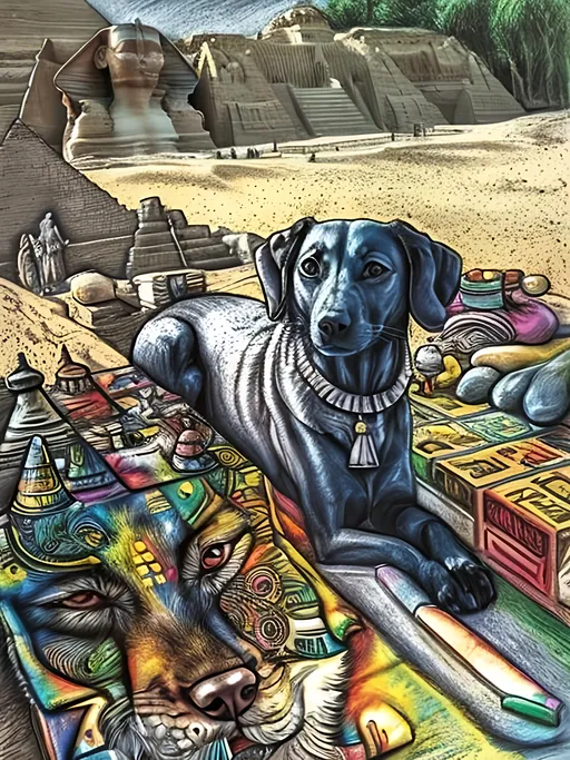 Prompt: pop art chalk pastel art of detailed dog as the sphinx in egypt, sketch, detailed background, highres, fun atmosphere, natural lighting,  abstract, fun