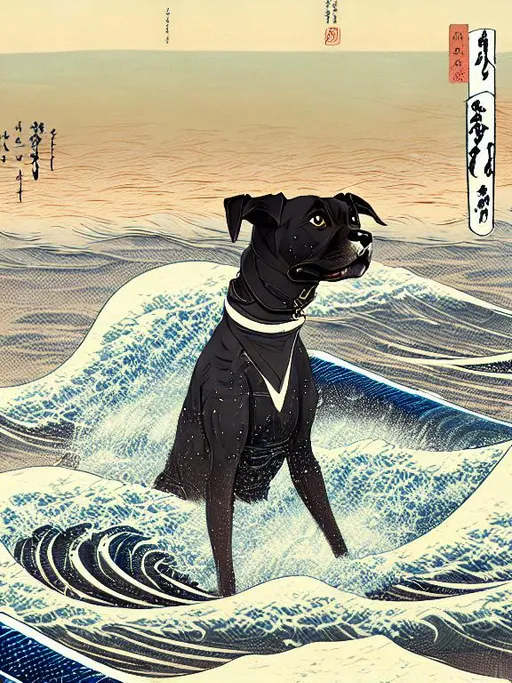 Prompt: black mountain cur dogs surfing in hiroshige wave 