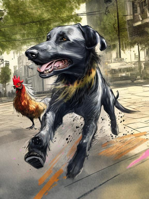 Prompt: a black dog wearing clothes chasing a chicken in the streets, sketch, detailed background, highres, fun atmosphere, natural lighting, pastel colors, abstract