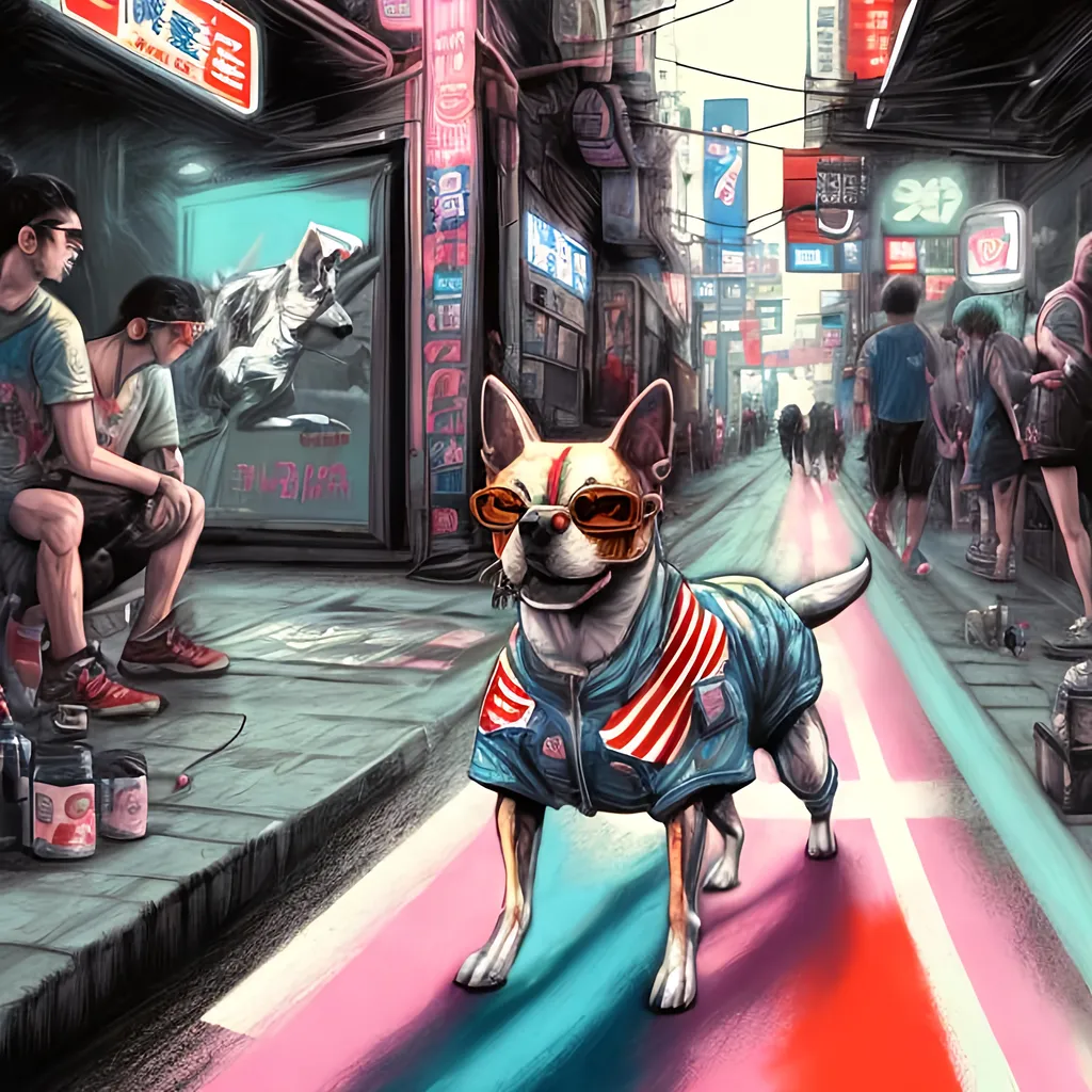 Prompt: pop art chalk pastel art of detailed dog wearing USA clothes playing in the streets in cyberpunk japan during a festival, sketch, detailed background, highres, fun atmosphere, natural lighting,  abstract, fun