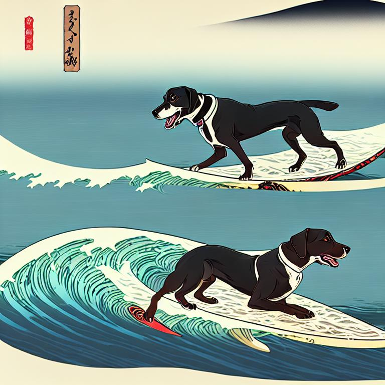 Prompt: black mountain cur dogs surfing in hiroshige wave 