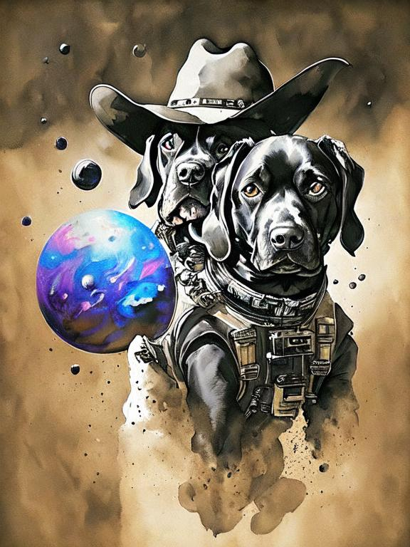 Prompt: Surrealism black dogs in cowboy outfits in space, abstract art style, cowboy hat, eerie atmosphere, floating celestial bodies, mysterious nebulae, dreamlike, surreal, high contrast, otherworldly, abstract, space, astronaut, eerie atmosphere, celestial bodies, dreamlike, surreal, high contrast, mysterious, nebulae, dogs