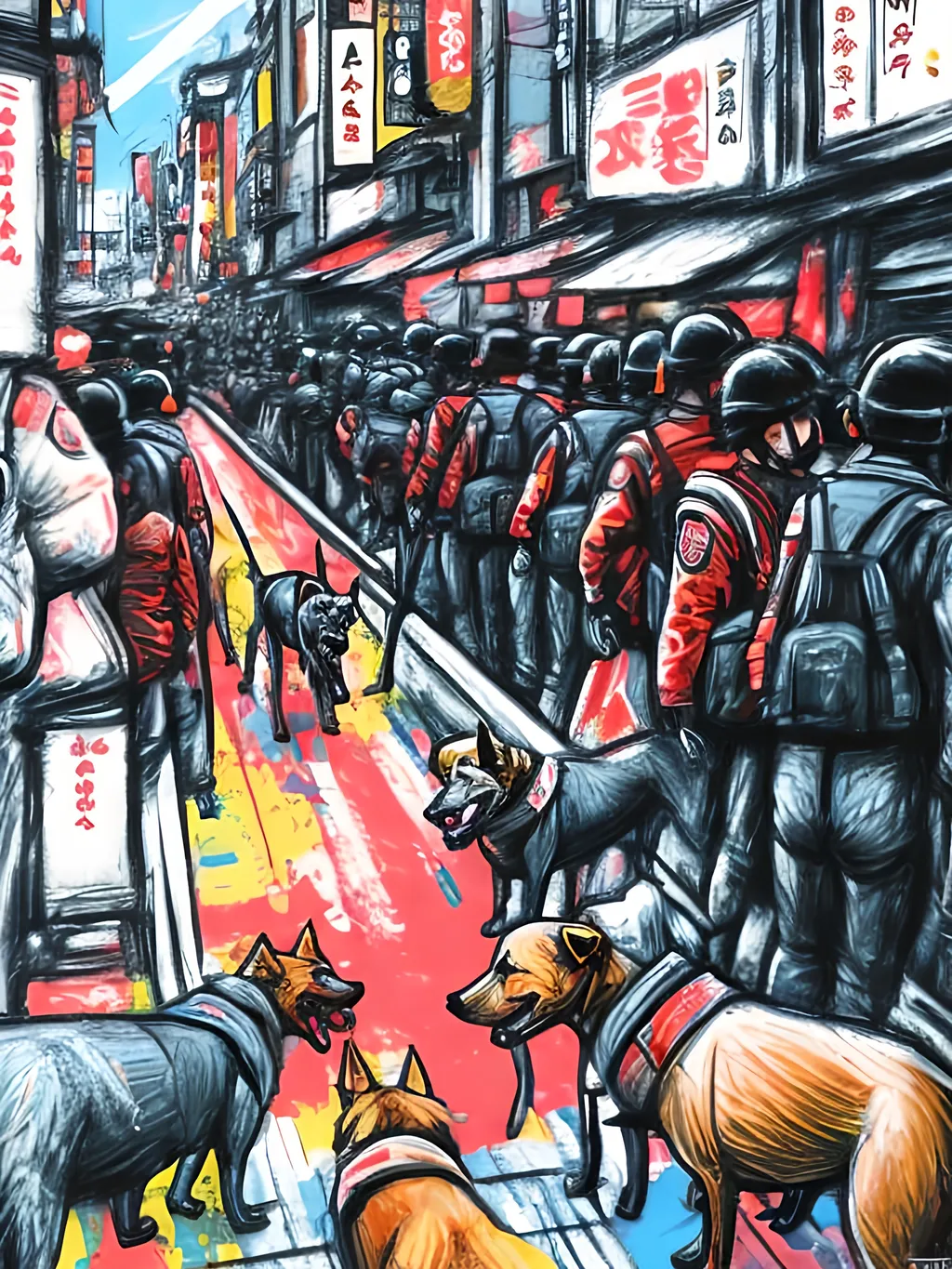 Prompt: pop art chalk pastel art of detailed dogs wearing pilot uniforms playing in the streets in japan during a festival, sketch, detailed background, highres, fun atmosphere, natural lighting,  abstract, fun