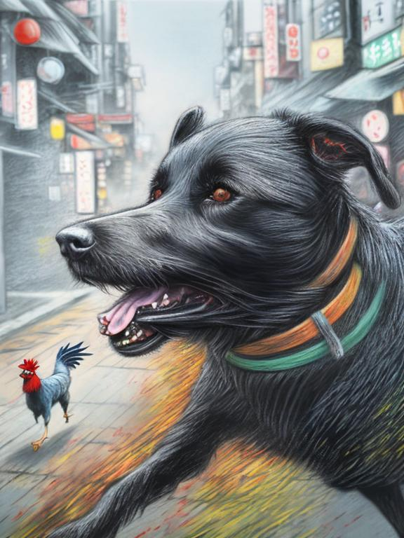 Prompt: chalk pastel art of a black dog wearing  clothes chasing a chicken in the streets in japan, sketch, detailed background, highres, fun atmosphere, natural lighting, pastel colors, abstract, fun