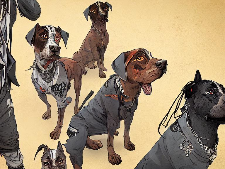 Prompt: black mountain cur dogs rap album dressed as gangsters in recording studio