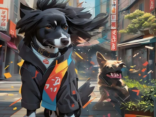 Prompt: black dog wearing ninja clothes having fun in the streets with a battle in the background, dogs, abstract art, Screen print, digital art, 8k resolution trending on Artstation, golden ratio, akira, rule of thirds, geometric bauhaus, Studio Ghibli, Anime Key Visual, by Makoto Shinkai, Deep Color, Intricate, 8k resolution concept art, Natural Lighting, Beautiful Composition