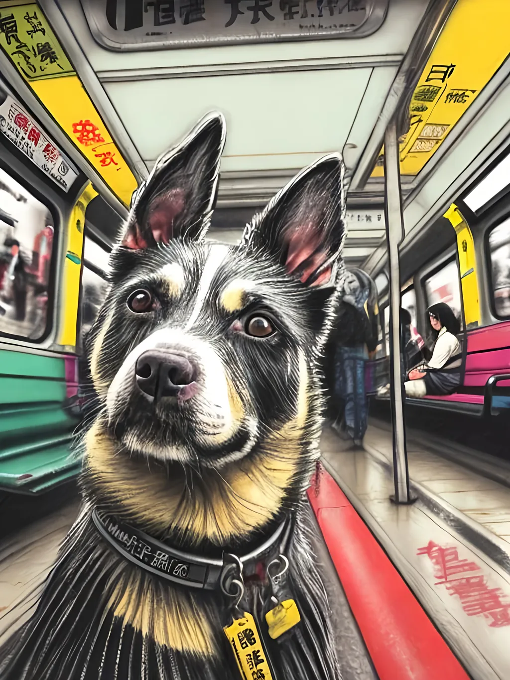 Prompt: pop art chalk pastel art of detailed dog on a train in cyberpunk japan during a festival, sketch, detailed background, highres, fun atmosphere, natural lighting,  abstract, fun