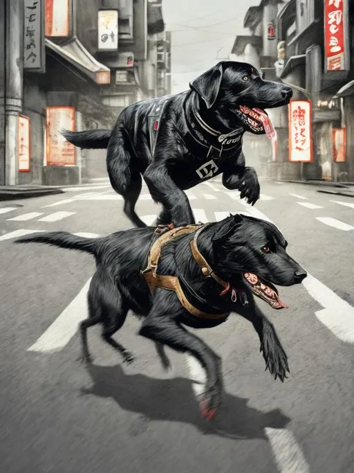 Prompt: a black dog wearing a nazi uniform chasing a chicken in the streets in japan, sketch, detailed background, highres, fun atmosphere, natural lighting, pastel colors, abstract, fun