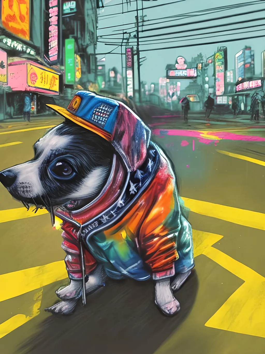 Prompt: pop art chalk pastel art of detailed dog wearing USA clothes playing in the streets in cyberpunk japan during a festival, sketch, detailed background, highres, fun atmosphere, natural lighting,  abstract, fun