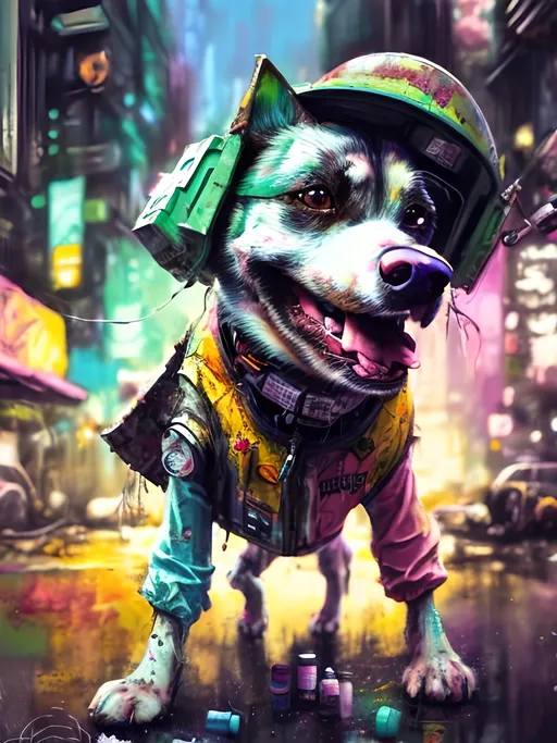Prompt: Detailed happy dog wearing clothes dumpster diving during a festival, sketch, chalk pastel, detailed cyberpunk city background, grunge, highres, abstract, natural lighting, lively atmosphere, fun, detailed dogs, colorful, chaotic, vibrant, happy-go-lucky