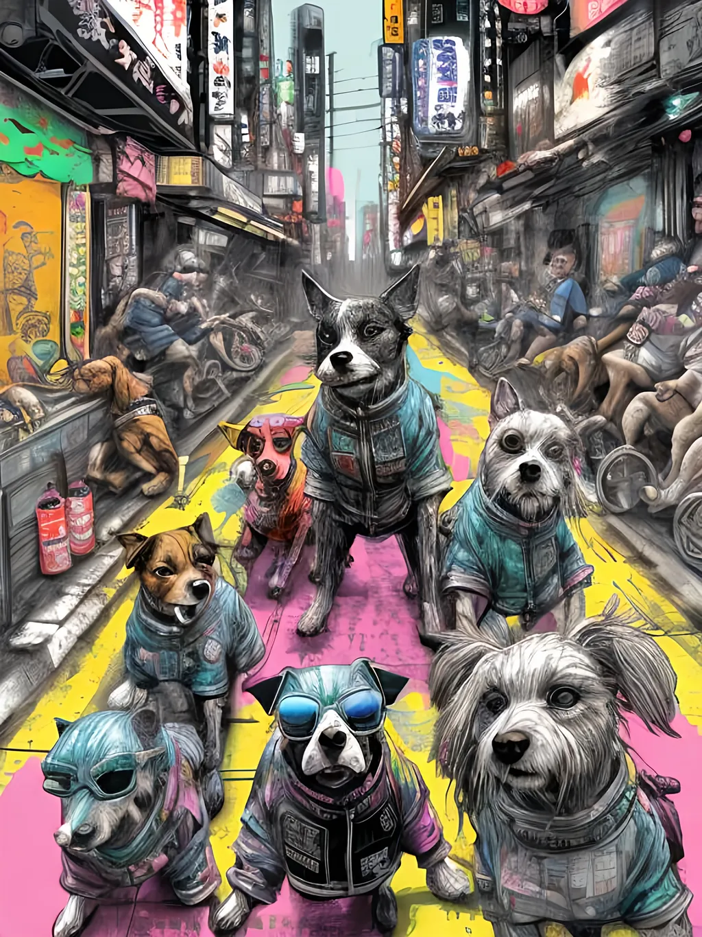 Prompt: pop art chalk pastel art of detailed dogs wearing gangster clothes playing in the streets in cyberpunk japan during a festival, sketch, detailed background, highres, fun atmosphere, natural lighting,  abstract, fun