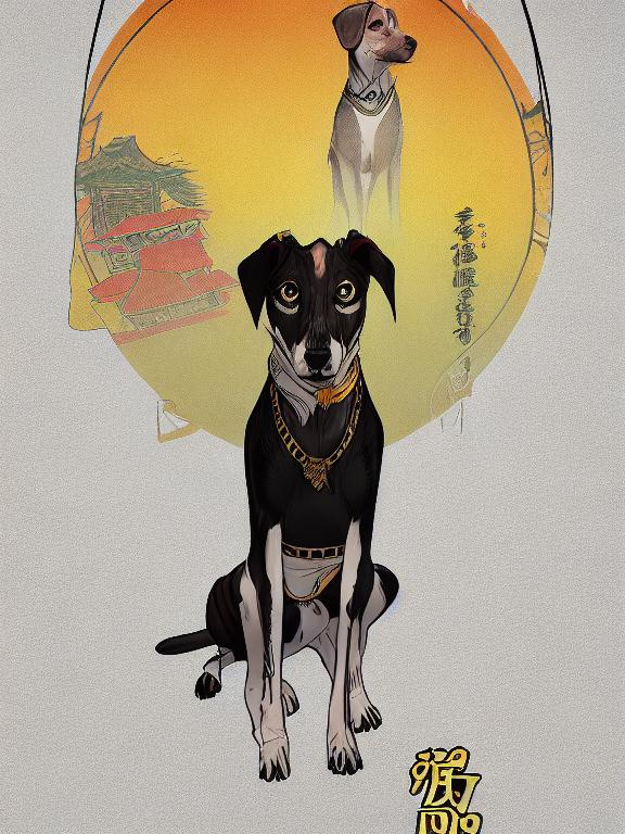 Prompt: black mountain cur dog in yakuza outfit 90s poster