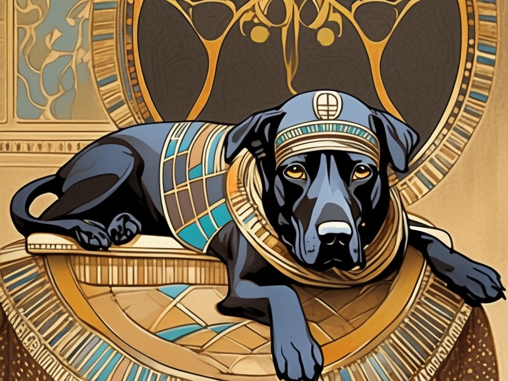 Prompt: Art Nouveau style black dog in egyptian clothing