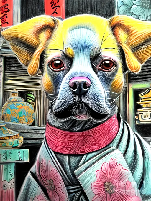 Prompt: pop art chalk pastel style of a  detailed dog in a kimono at a shrine, sketch, detailed background, highres, fun atmosphere, natural lighting,  abstract, fun