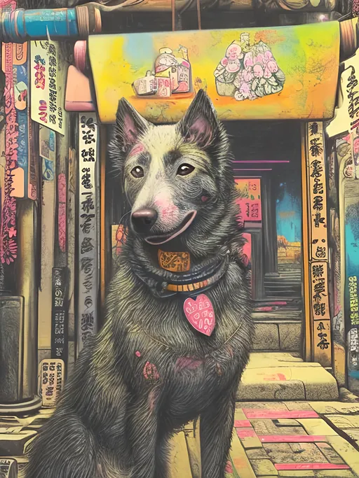 Prompt: pop art chalk pastel art of detailed dog at a shrine in cyberpunk japan, sketch, detailed background, highres, fun atmosphere, natural lighting,  abstract, fun