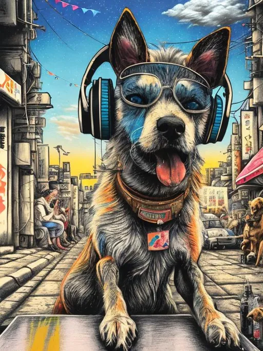 Prompt: pop art chalk pastel art of a detailed dog listening to music on the streets in post-apocalyptic Japan during a festival with planes in the background, sketch, detailed background, highres, fun atmosphere, natural lighting,  abstract, fun