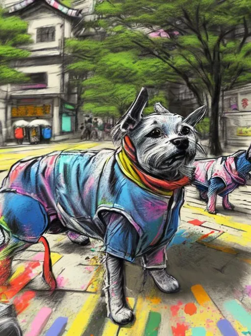 Prompt: pop art chalk pastel art of detailed dogs wearing clothes playing in the streets in japan during a festival, sketch, detailed background, highres, fun atmosphere, natural lighting,  abstract, fun