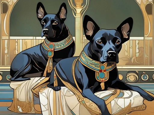 Prompt: Art Nouveau style black dogs in egyptian clothing