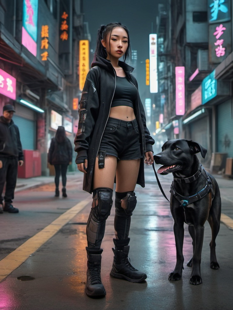 Prompt: mountain cur black dog with half asian girl in cyberpunk city