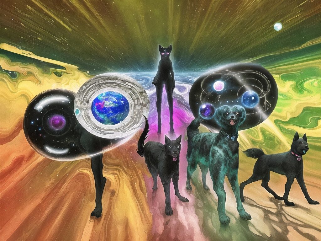 Prompt: Surrealism art, black dogs in astronaut outfits, space background, surrealistic, abstract, detailed fur, cosmic colors, dreamlike atmosphere, high quality, surrealism, astronaut dogs, abstract art, cosmic, detailed, surreal colors, space setting, dreamy lighting