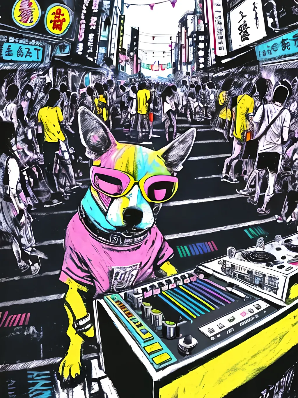 Prompt: pop art chalk pastel art of detailed dog DJing in the streets in Japan during a festival, sketch, detailed background, highres, fun atmosphere, natural lighting,  abstract, fun