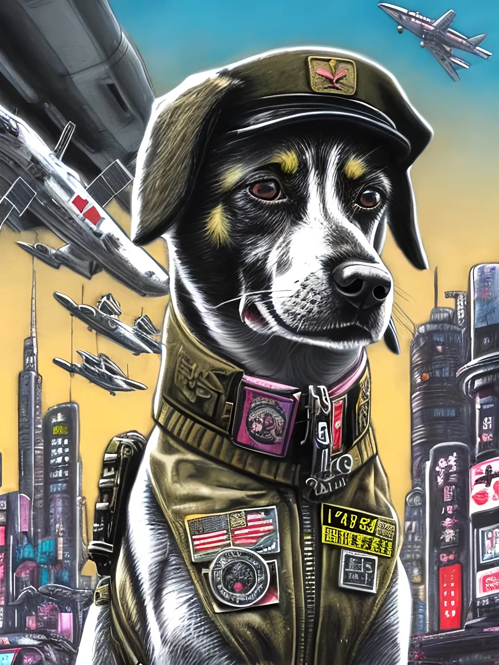 Prompt: pop art chalk pastel art of a detailed dog wearing a military uniform on the streets in cyberpunk japan with planes in the background, sketch, detailed background, highres, fun atmosphere, natural lighting,  abstract, fun