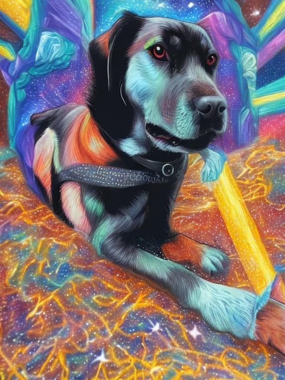 Prompt: detailed chalk pastel pop art, black mountain cur dog in space