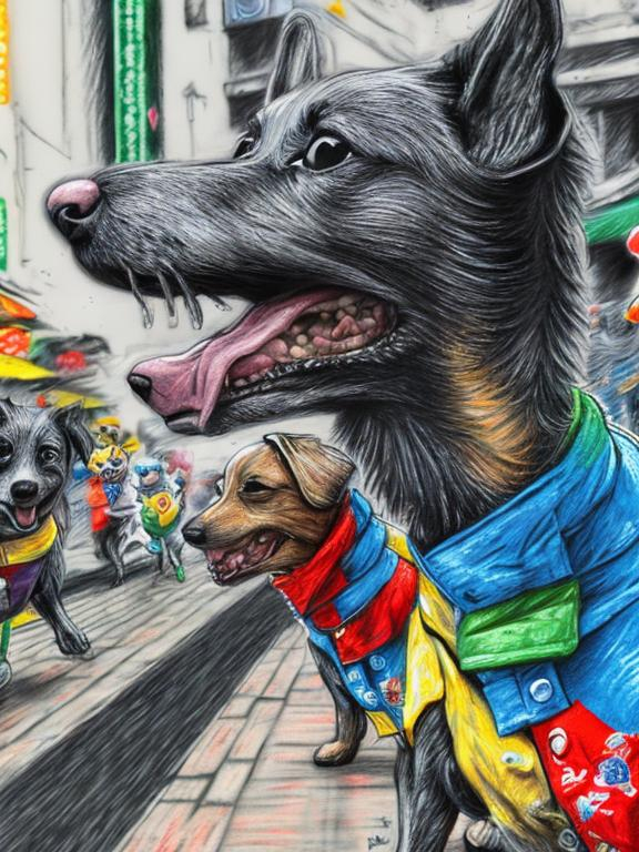 Prompt: pop art chalk pastel art of detailed dogs wearing clothes playing in the streets in japan during a festival, sketch, detailed background, highres, fun atmosphere, natural lighting,  abstract, fun