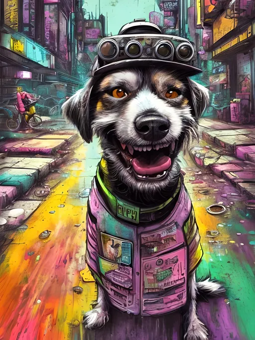 Prompt: Detailed happy dog wearing clothes dumpster diving during a festival, sketch, pop art chalk pastel, detailed cyberpunk city background, grunge, highres, abstract, natural lighting, lively atmosphere, fun, detailed dogs, colorful, chaotic, vibrant, happy-go-lucky