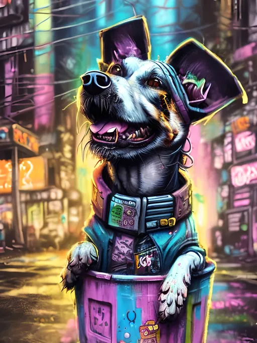 Prompt: Detailed happy dog wearing clothes dumpster diving during a festival, sketch, chalk pastel, detailed cyberpunk city background, grunge, highres, abstract, natural lighting, lively atmosphere, fun, detailed dogs, colorful, vibrant, happy-go-lucky