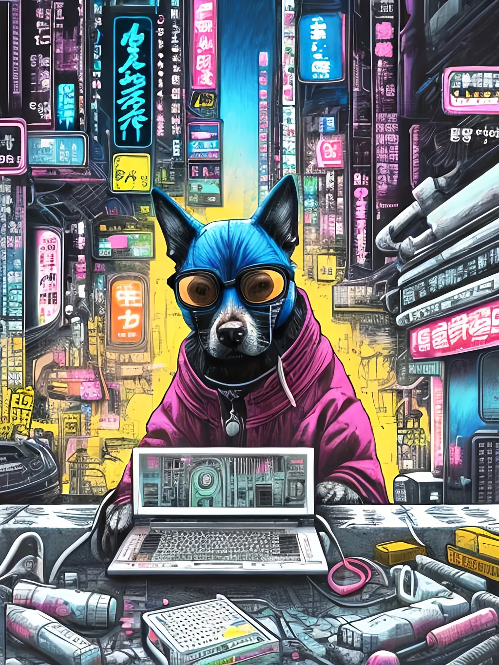 Prompt: pop art chalk pastel art of a detailed dog hacking a computer on the streets in cyberpunk japan with planes in the background, sketch, detailed background, highres, fun atmosphere, natural lighting,  abstract, fun