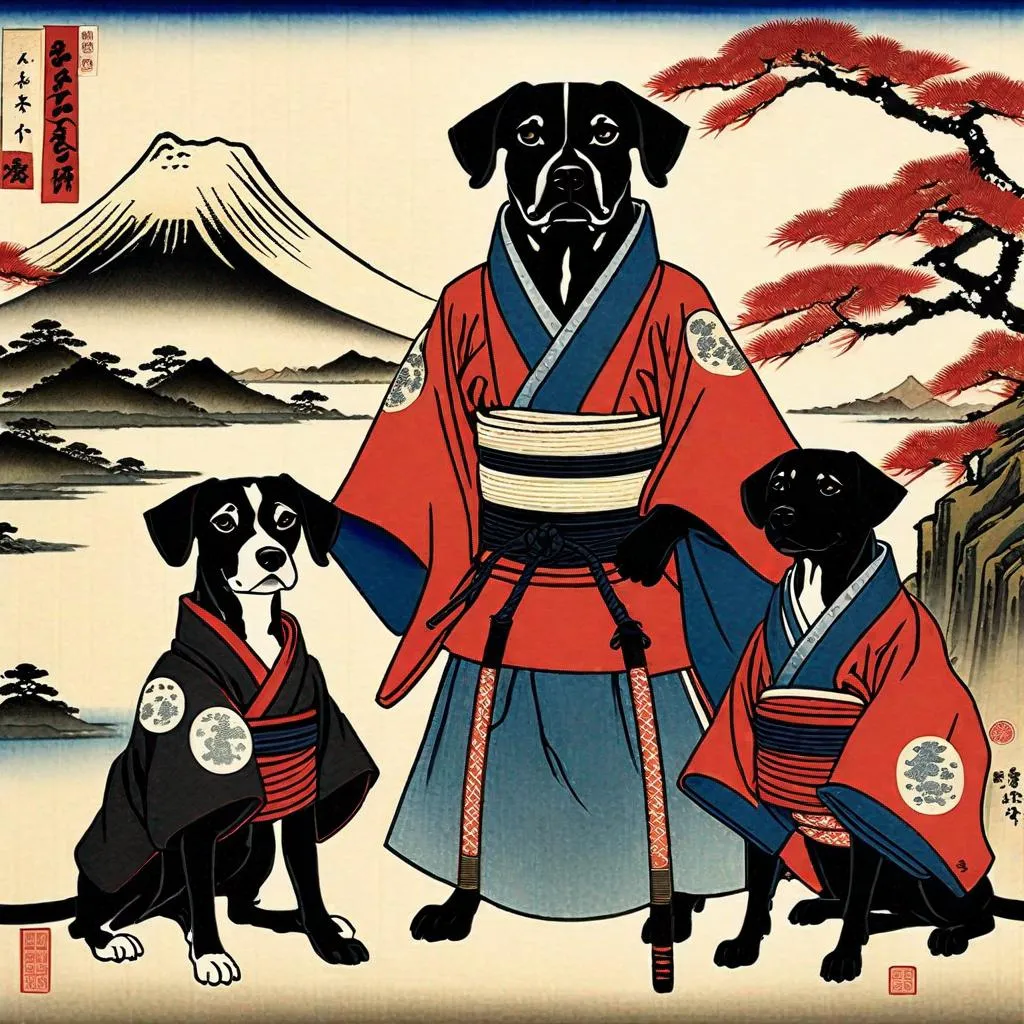 Prompt: black mountain cur dogs in hiroshige wearing samurai clothes