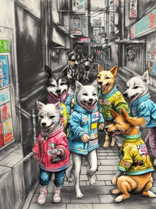 Prompt: pop art chalk pastel art of detailed dogs wearing clothes playing in the streets in japan during a festival, sketch, detailed background, highres, fun atmosphere, natural lighting,  abstract, fun