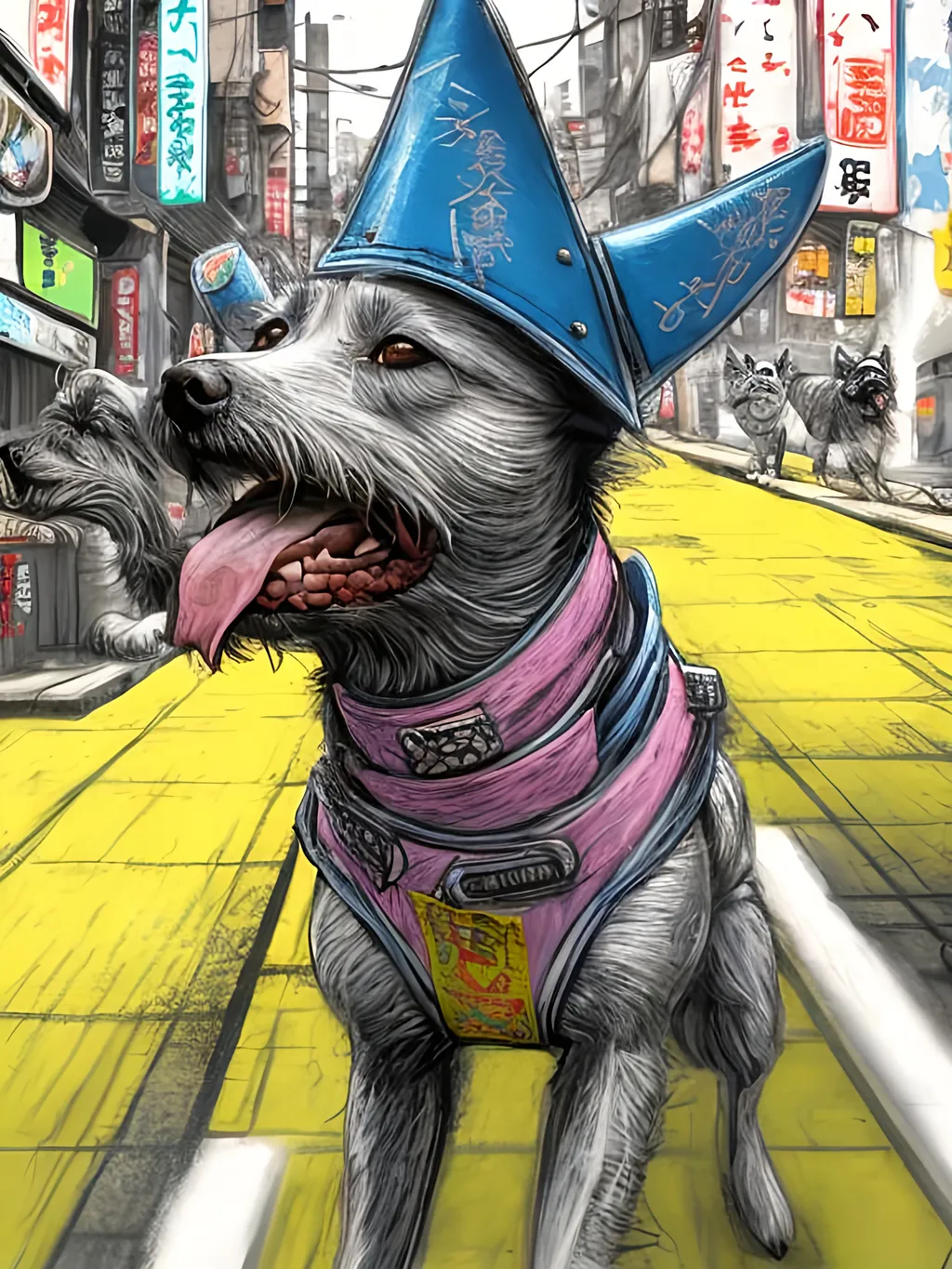 Prompt: pop art chalk pastel art of detailed dogs wearing ninja clothes playing in the streets in cyberpunk japan during a festival, sketch, detailed background, highres, fun atmosphere, natural lighting,  abstract, fun