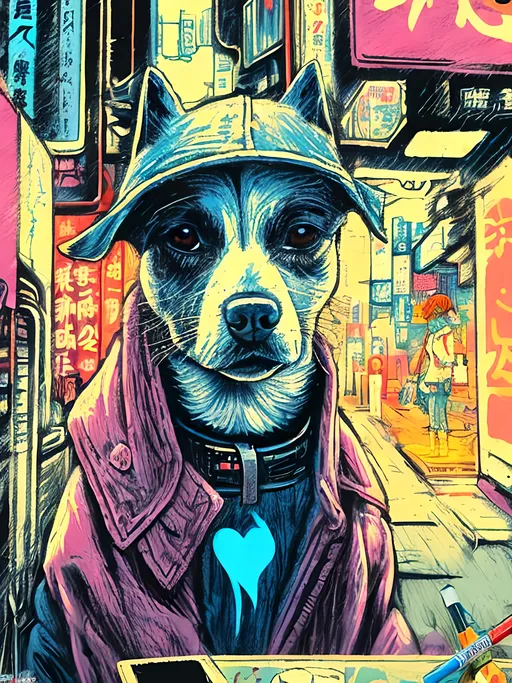 Prompt: pop art chalk pastel art of detailed dog smoking in cyberpunk japan during a festival, sketch, detailed background, highres, fun atmosphere, natural lighting,  abstract, fun