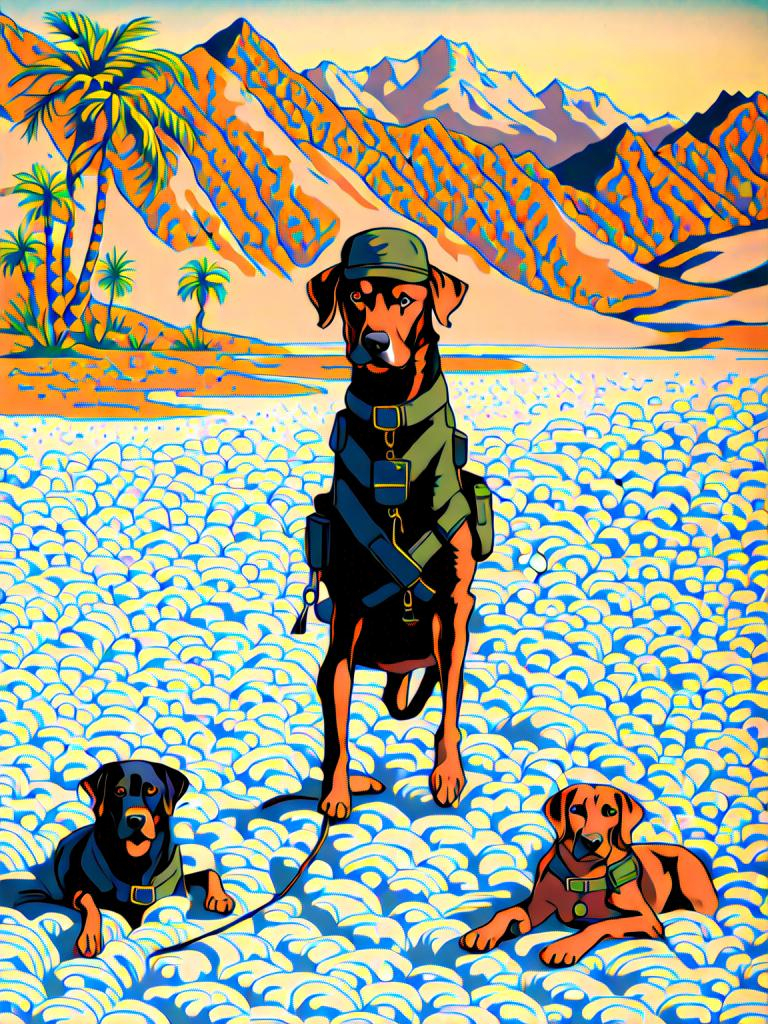 Prompt: black mountain cur dog in military gear in egypt 90s poster