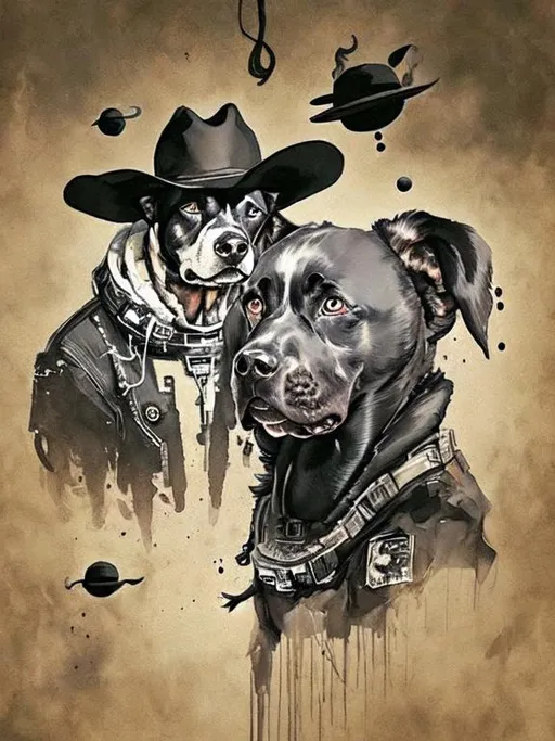 Prompt: Surrealism black dogs in cowboy outfits in space, abstract art style, cowboy hat, eerie atmosphere, floating celestial bodies, mysterious nebulae, dreamlike, surreal, high contrast, otherworldly, abstract, space, astronaut, eerie atmosphere, celestial bodies, dreamlike, surreal, high contrast, mysterious, nebulae, dogs