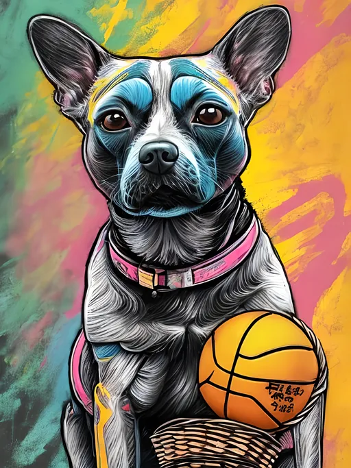Prompt: pop art chalk pastel art of detailed dog at a basket ball game in cyberpunk japan, sketch, detailed background, highres, fun atmosphere, natural lighting,  abstract, fun