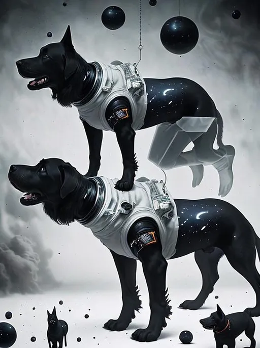 Prompt: Surrealism black dogs in astronaut outfits in space, abstract art style, eerie atmosphere, floating celestial bodies, mysterious nebulae, monochromatic palette, dreamlike, surreal, high contrast, otherworldly, abstract, space, astronaut, eerie atmosphere, celestial bodies, dreamlike, surreal, high contrast, mysterious, nebulae, dogs