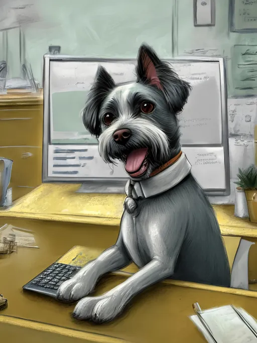 Prompt: chalk pastel style of a  detailed dog typing at a desk in an office, sketch, detailed background, highres, fun atmosphere, natural lighting,  abstract, fun