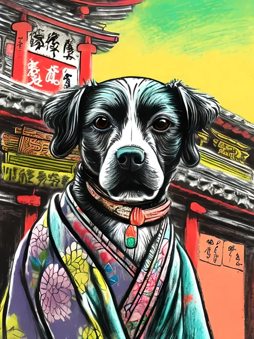 Prompt: pop art chalk pastel style of a  detailed dog in a kimono at a shrine, sketch, detailed background, highres, fun atmosphere, natural lighting,  abstract, fun