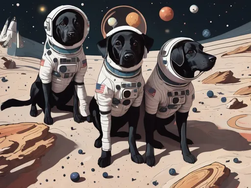 Prompt: abstract style art of black dogs in space in astronaut outfits