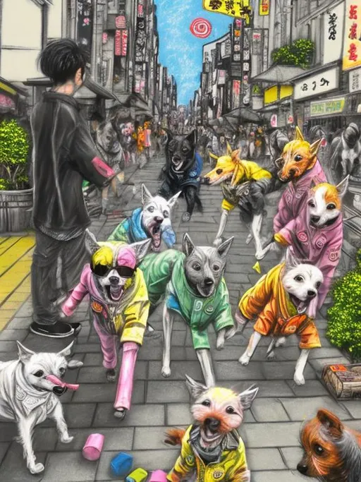 Prompt: pop art chalk pastel art of detailed dogs wearing clothes playing in the streets in japan during a festival, sketch, detailed background, highres, fun atmosphere, natural lighting,  abstract, fun