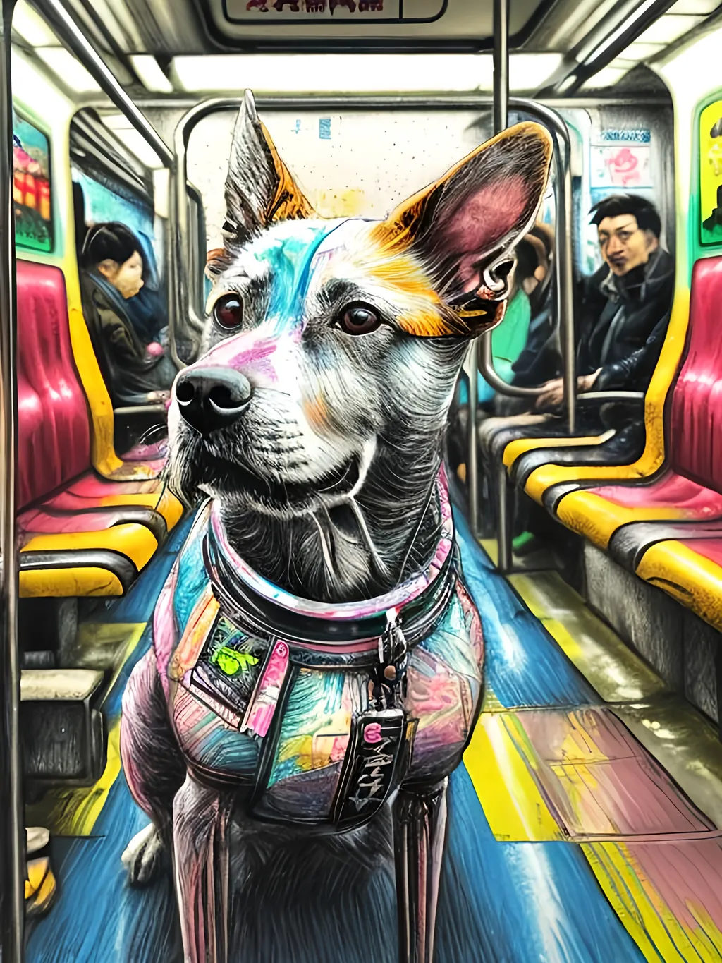 Prompt: pop art chalk pastel art of detailed dog on a train in cyberpunk japan during a festival, sketch, detailed background, highres, fun atmosphere, natural lighting,  abstract, fun